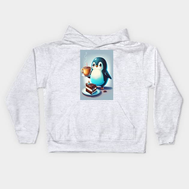 A baby penguin with a cup and a cake Kids Hoodie by Evgeniya